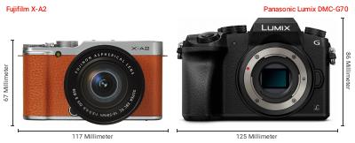 Größenvergleich: Fujifilm X-A2 vs. Panasonic Lumix DMC-G70