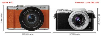 Größenvergleich: Fujifilm X-A2 vs. Panasonic Lumix DMC-GF7 Größenvergleich: Fujifilm X-A2 vs. Panasonic Lumix DMC-GF7