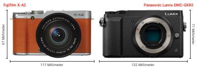 Größenvergleich: Fujifilm X-A2 vs. Panasonic Lumix DMC-GX80 Größenvergleich: Fujifilm X-A2 vs. Panasonic Lumix DMC-GX80