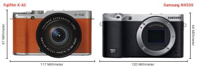 Größenvergleich: Fujifilm X-A2 vs. Samsung NX500 Größenvergleich: Fujifilm X-A2 vs. Samsung NX500