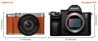 Größenvergleich: Fujifilm X-A2 vs. Sony Alpha 7R III Größenvergleich: Fujifilm X-A2 vs. Sony Alpha 7R III