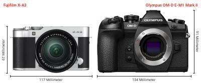 Größenvergleich: Fujifilm X-A3 vs. OM System OM-D E-M1 Mark II Größenvergleich: Fujifilm X-A3 vs. OM System OM-D E-M1 Mark II
