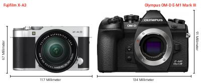 Größenvergleich: Fujifilm X-A3 vs. OM System OM-D E-M1 Mark III Größenvergleich: Fujifilm X-A3 vs. OM System OM-D E-M1 Mark III