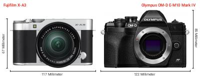 Größenvergleich: Fujifilm X-A3 vs. OM System OM-D E-M10 Mark IV Größenvergleich: Fujifilm X-A3 vs. OM System OM-D E-M10 Mark IV