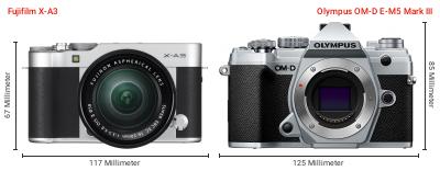 Größenvergleich: Fujifilm X-A3 vs. OM System OM-D E-M5 Mark III Größenvergleich: Fujifilm X-A3 vs. OM System OM-D E-M5 Mark III