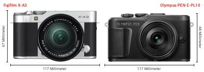 Größenvergleich: Fujifilm X-A3 vs. OM System PEN E-PL10 Größenvergleich: Fujifilm X-A3 vs. OM System PEN E-PL10