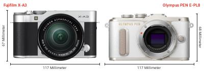 Größenvergleich: Fujifilm X-A3 vs. OM System PEN E-PL8 Größenvergleich: Fujifilm X-A3 vs. OM System PEN E-PL8