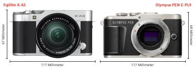 Größenvergleich: Fujifilm X-A3 vs. OM System PEN E-PL9 Größenvergleich: Fujifilm X-A3 vs. OM System PEN E-PL9