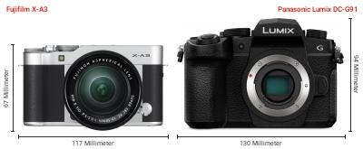 Größenvergleich: Fujifilm X-A3 vs. Panasonic Lumix DC-G91 Größenvergleich: Fujifilm X-A3 vs. Panasonic Lumix DC-G91
