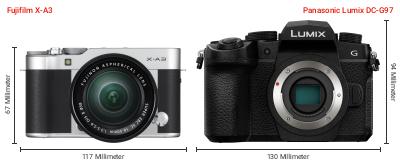 Größenvergleich: Fujifilm X-A3 vs. Panasonic Lumix DC-G97 Größenvergleich: Fujifilm X-A3 vs. Panasonic Lumix DC-G97