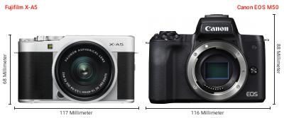 Größenvergleich: Fujifilm X-A5 vs. Canon EOS M50 Größenvergleich: Fujifilm X-A5 vs. Canon EOS M50