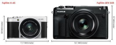 Größenvergleich: Fujifilm X-A5 vs. Fujifilm GFX 50R Größenvergleich: Fujifilm X-A5 vs. Fujifilm GFX 50R