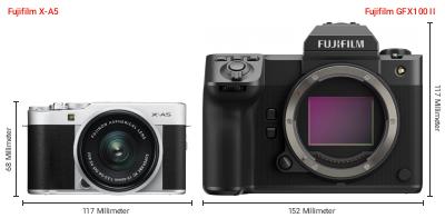 Größenvergleich: Fujifilm X-A5 vs. Fujifilm GFX100 II Größenvergleich: Fujifilm X-A5 vs. Fujifilm GFX100 II