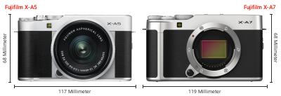 Größenvergleich: Fujifilm X-A5 vs. Fujifilm X-A7 Größenvergleich: Fujifilm X-A5 vs. Fujifilm X-A7