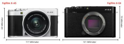 Größenvergleich: Fujifilm X-A5 vs. Fujifilm X-E4 Größenvergleich: Fujifilm X-A5 vs. Fujifilm X-E4