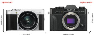 Größenvergleich: Fujifilm X-A5 vs. Fujifilm X-T30 Größenvergleich: Fujifilm X-A5 vs. Fujifilm X-T30