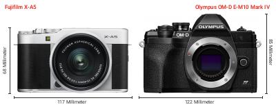 Größenvergleich: Fujifilm X-A5 vs. OM System OM-D E-M10 Mark IV