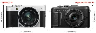 Größenvergleich: Fujifilm X-A5 vs. OM System PEN E-PL10 Größenvergleich: Fujifilm X-A5 vs. OM System PEN E-PL10