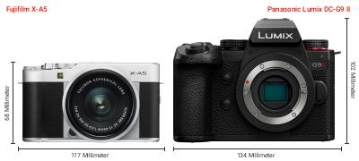 Größenvergleich: Fujifilm X-A5 vs. Panasonic Lumix DC-G9 II Größenvergleich: Fujifilm X-A5 vs. Panasonic Lumix DC-G9 II