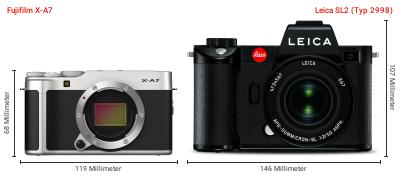 Größenvergleich: Fujifilm X-A7 vs. Leica SL2 (Typ 2998) Größenvergleich: Fujifilm X-A7 vs. Leica SL2 (Typ 2998)