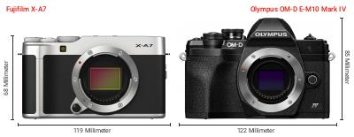 Größenvergleich: Fujifilm X-A7 vs. OM System OM-D E-M10 Mark IV
