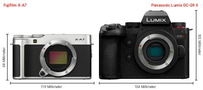 Größenvergleich: Fujifilm X-A7 vs. Panasonic Lumix DC-G9 II Größenvergleich: Fujifilm X-A7 vs. Panasonic Lumix DC-G9 II