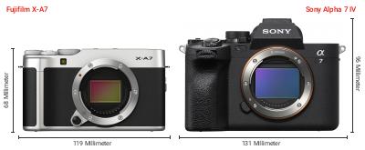 Größenvergleich: Fujifilm X-A7 vs. Sony Alpha 7 IV Größenvergleich: Fujifilm X-A7 vs. Sony Alpha 7 IV