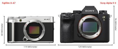 Größenvergleich: Fujifilm X-A7 vs. Sony Alpha 9 II Größenvergleich: Fujifilm X-A7 vs. Sony Alpha 9 II