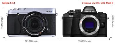 Größenvergleich: Fujifilm X-E1 vs. OM System OM-D E-M10 Mark II Größenvergleich: Fujifilm X-E1 vs. OM System OM-D E-M10 Mark II