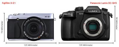 Größenvergleich: Fujifilm X-E1 vs. Panasonic Lumix DC-GH5 Größenvergleich: Fujifilm X-E1 vs. Panasonic Lumix DC-GH5