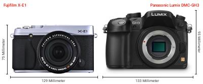 Größenvergleich: Fujifilm X-E1 vs. Panasonic Lumix DMC-GH3 Größenvergleich: Fujifilm X-E1 vs. Panasonic Lumix DMC-GH3