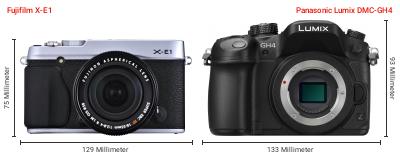 Größenvergleich: Fujifilm X-E1 vs. Panasonic Lumix DMC-GH4 Größenvergleich: Fujifilm X-E1 vs. Panasonic Lumix DMC-GH4