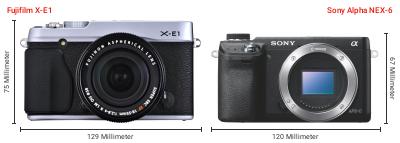 Größenvergleich: Fujifilm X-E1 vs. Sony Alpha NEX-6 Größenvergleich: Fujifilm X-E1 vs. Sony Alpha NEX-6