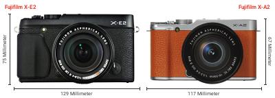 Größenvergleich: Fujifilm X-E2 vs. Fujifilm X-A2 Größenvergleich: Fujifilm X-E2 vs. Fujifilm X-A2