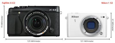 Größenvergleich: Fujifilm X-E2 vs. Nikon 1 S2 Größenvergleich: Fujifilm X-E2 vs. Nikon 1 S2