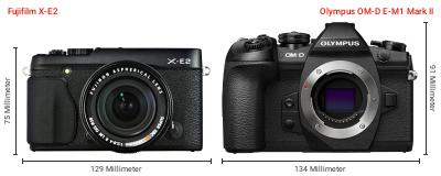 Größenvergleich: Fujifilm X-E2 vs. OM System OM-D E-M1 Mark II Größenvergleich: Fujifilm X-E2 vs. OM System OM-D E-M1 Mark II