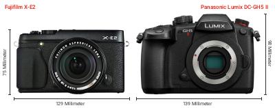 Größenvergleich: Fujifilm X-E2 vs. Panasonic Lumix DC-GH5 II Größenvergleich: Fujifilm X-E2 vs. Panasonic Lumix DC-GH5 II