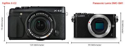 Größenvergleich: Fujifilm X-E2 vs. Panasonic Lumix DMC-GM1 Größenvergleich: Fujifilm X-E2 vs. Panasonic Lumix DMC-GM1