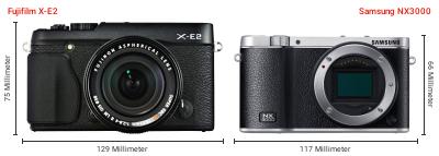 Größenvergleich: Fujifilm X-E2 vs. Samsung NX3000 Größenvergleich: Fujifilm X-E2 vs. Samsung NX3000