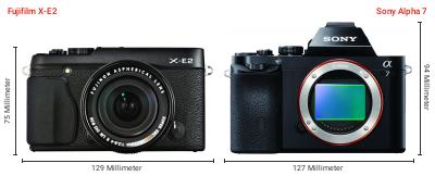Größenvergleich: Fujifilm X-E2 vs. Sony Alpha 7 Größenvergleich: Fujifilm X-E2 vs. Sony Alpha 7