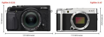 Größenvergleich: Fujifilm X-E2S vs. Fujifilm X-A7 Größenvergleich: Fujifilm X-E2S vs. Fujifilm X-A7