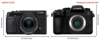Größenvergleich: Fujifilm X-E2S vs. Panasonic Lumix DC-G91 Größenvergleich: Fujifilm X-E2S vs. Panasonic Lumix DC-G91