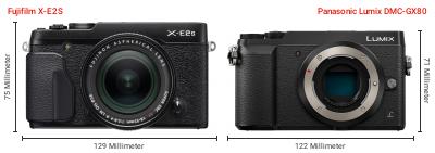 Größenvergleich: Fujifilm X-E2S vs. Panasonic Lumix DMC-GX80 Größenvergleich: Fujifilm X-E2S vs. Panasonic Lumix DMC-GX80