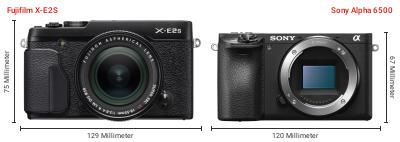 Größenvergleich: Fujifilm X-E2S vs. Sony Alpha 6500 Größenvergleich: Fujifilm X-E2S vs. Sony Alpha 6500