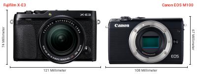 Größenvergleich: Fujifilm X-E3 vs. Canon EOS M100 Größenvergleich: Fujifilm X-E3 vs. Canon EOS M100