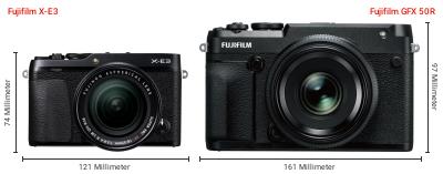 Größenvergleich: Fujifilm X-E3 vs. Fujifilm GFX 50R Größenvergleich: Fujifilm X-E3 vs. Fujifilm GFX 50R