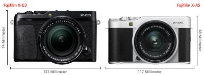 Größenvergleich: Fujifilm X-E3 vs. Fujifilm X-A5 Größenvergleich: Fujifilm X-E3 vs. Fujifilm X-A5