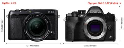 Größenvergleich: Fujifilm X-E3 vs. OM System OM-D E-M10 Mark IV Größenvergleich: Fujifilm X-E3 vs. OM System OM-D E-M10 Mark IV