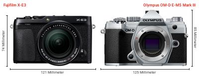 Größenvergleich: Fujifilm X-E3 vs. OM System OM-D E-M5 Mark III Größenvergleich: Fujifilm X-E3 vs. OM System OM-D E-M5 Mark III