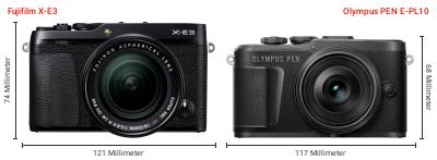 Größenvergleich: Fujifilm X-E3 vs. OM System PEN E-PL10 Größenvergleich: Fujifilm X-E3 vs. OM System PEN E-PL10